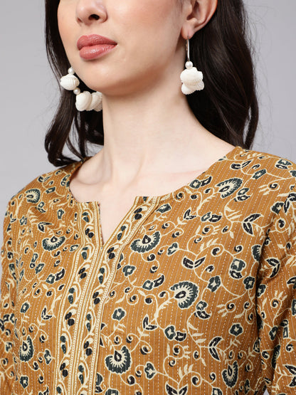 Mustard Printed Straight Kurta With Three Quarter Sleeves