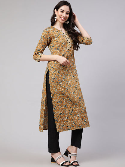 Mustard Printed Straight Kurta With Three Quarter Sleeves