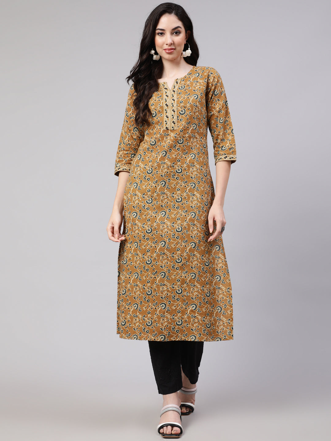 Mustard Printed Straight Kurta With Three Quarter Sleeves