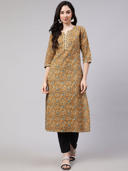 Mustard Printed Straight Kurta With Three Quarter Sleeves