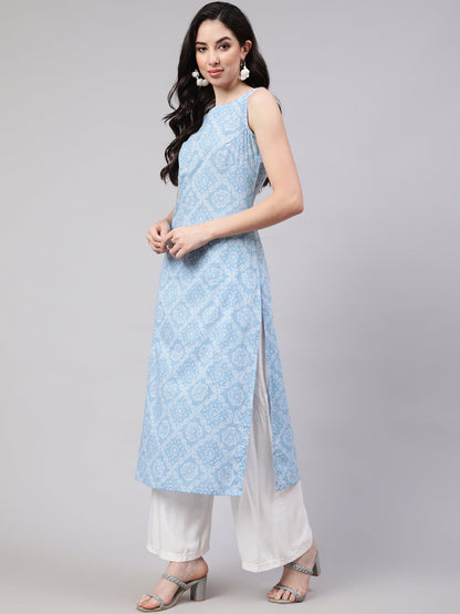 Blue Ethnic Printed Straight Sleeveless Kurta