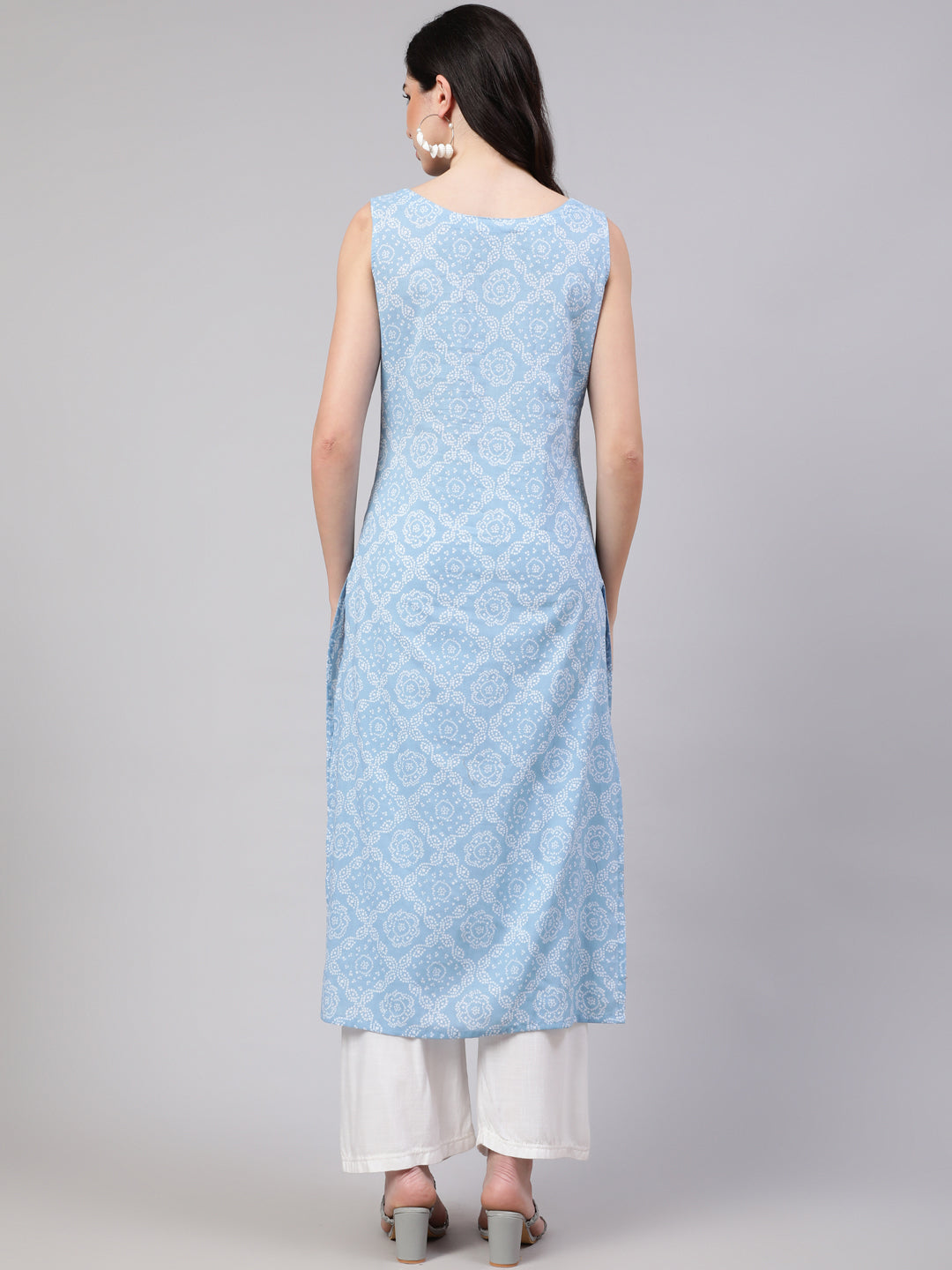 Blue Ethnic Printed Straight Sleeveless Kurta