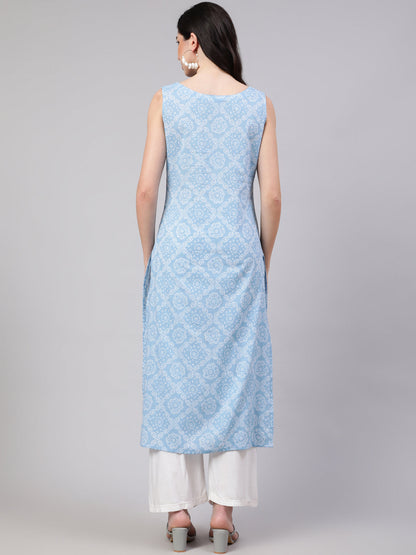 Blue Ethnic Printed Straight Sleeveless Kurta