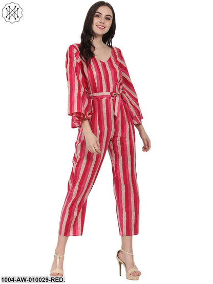 Red Printed 3/4Th Sleeve Cotton Jumpsuit