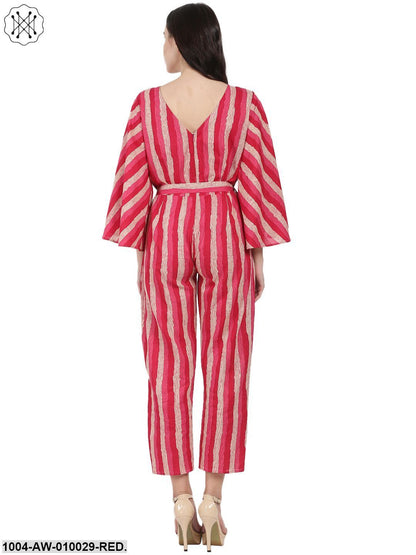 Red Printed 3/4Th Sleeve Cotton Jumpsuit