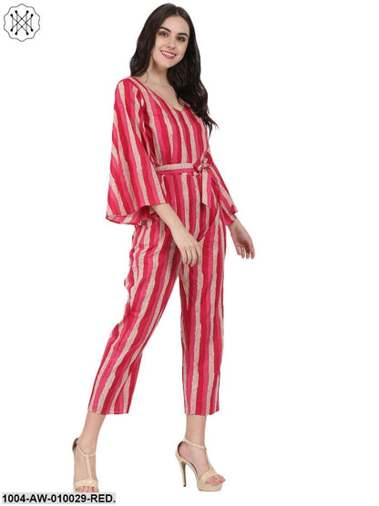 Red Printed 3/4Th Sleeve Cotton Jumpsuit