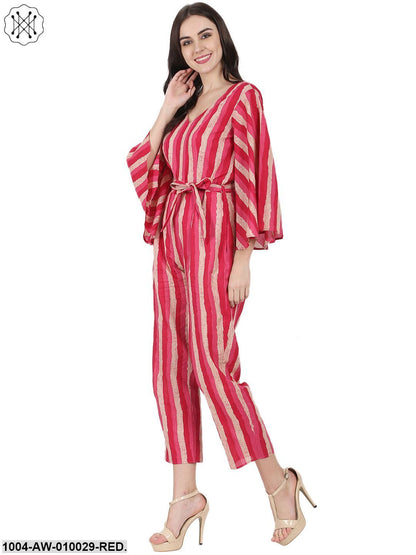 Red Printed 3/4Th Sleeve Cotton Jumpsuit