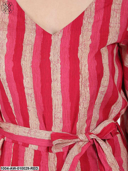 Red Printed 3/4Th Sleeve Cotton Jumpsuit