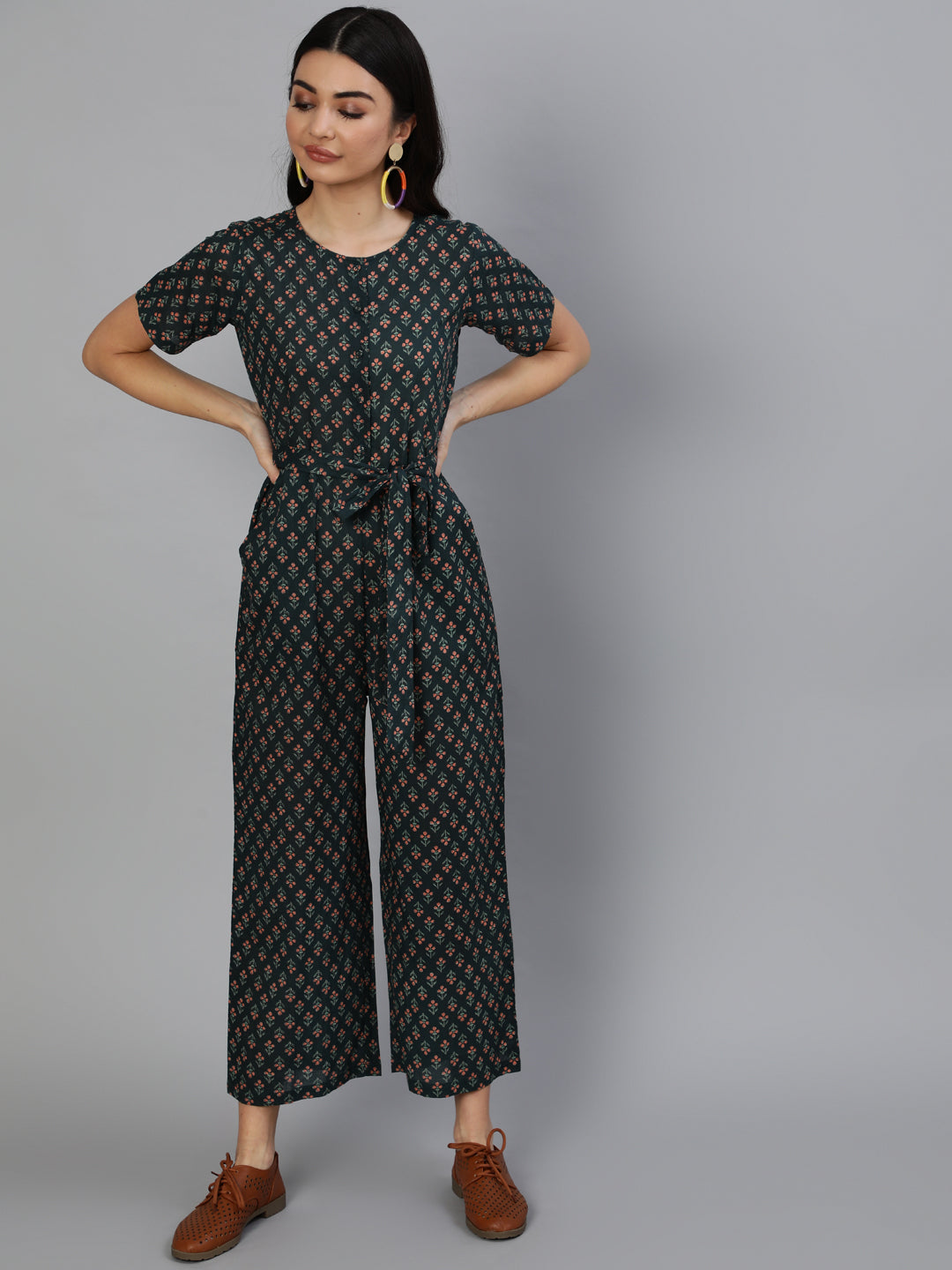 Green Printed Jumpsuit With Side pockets