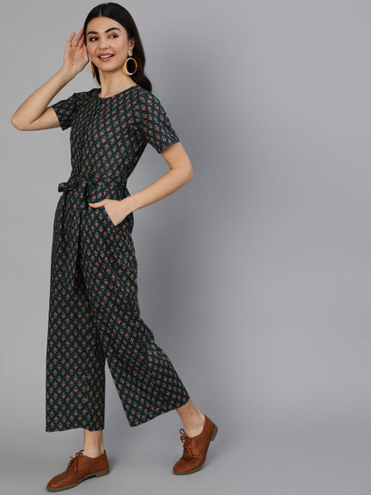 Green Printed Jumpsuit With Side pockets
