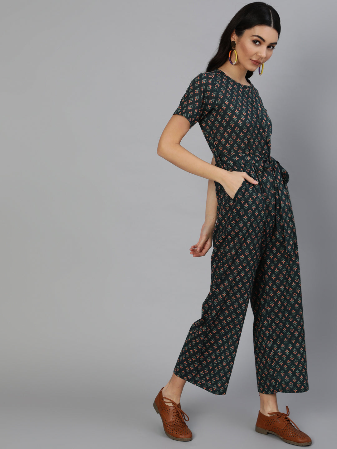 Green Printed Jumpsuit With Side pockets