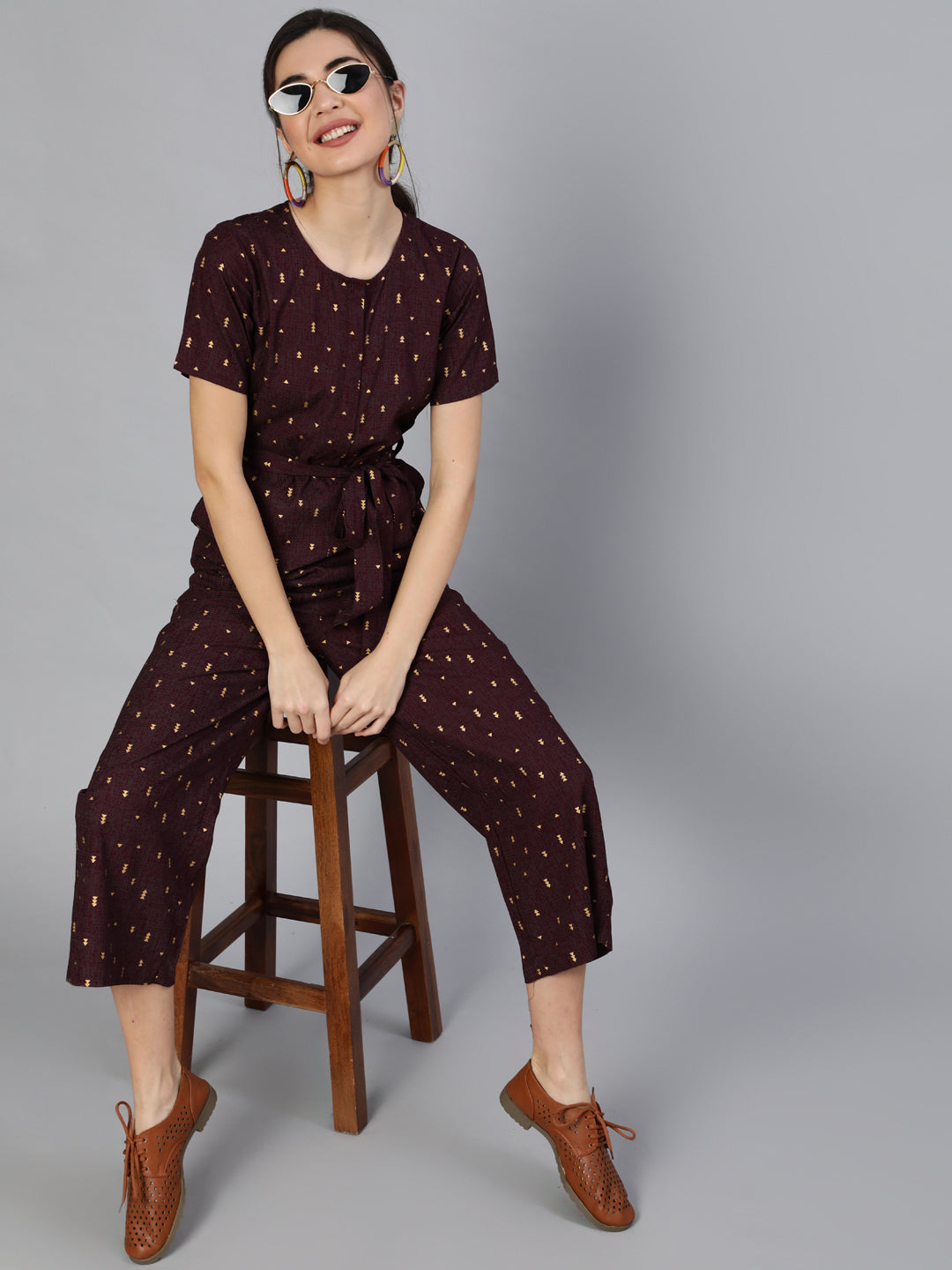 Burgundy Printed Jumpsuit With Side Pockets