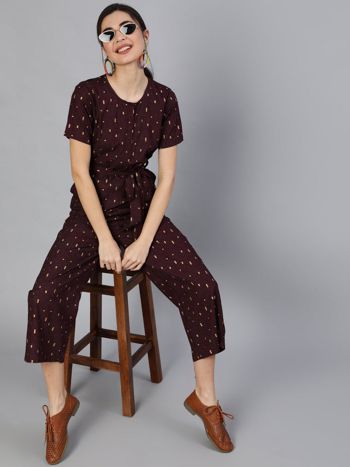 Burgundy Printed Jumpsuit With Side Pockets