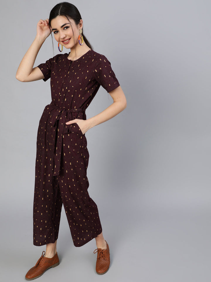Burgundy Printed Jumpsuit With Side Pockets