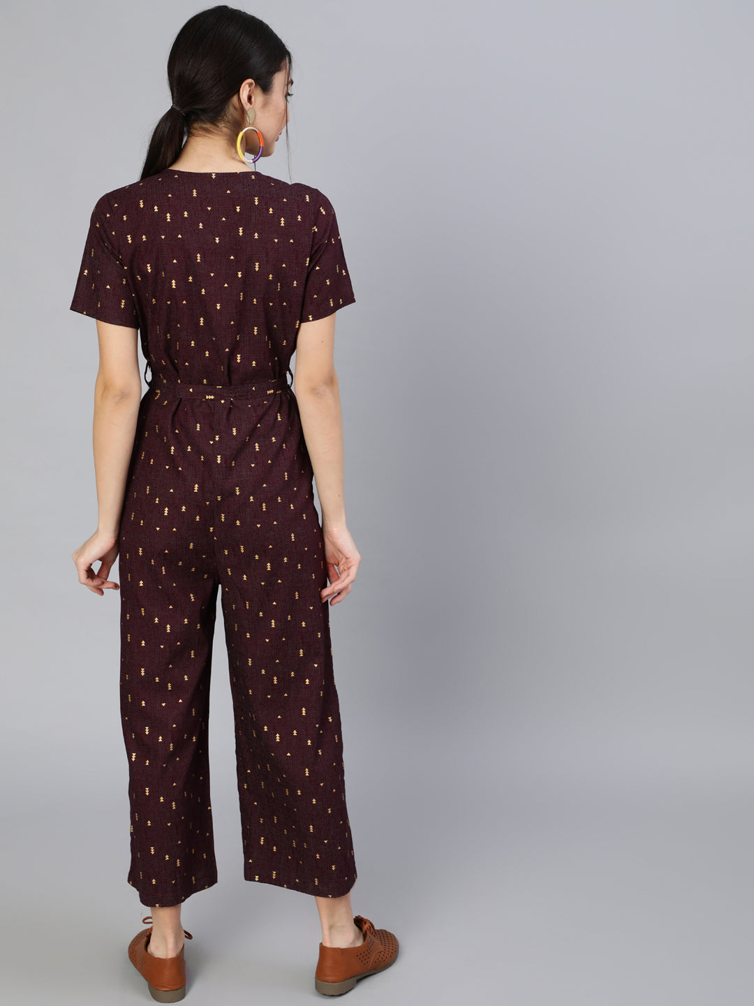 Burgundy Printed Jumpsuit With Side Pockets
