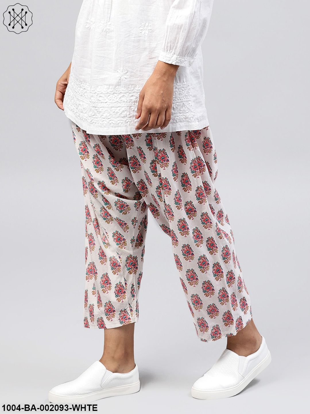 White Printed Ankle Length Cotton Salwar