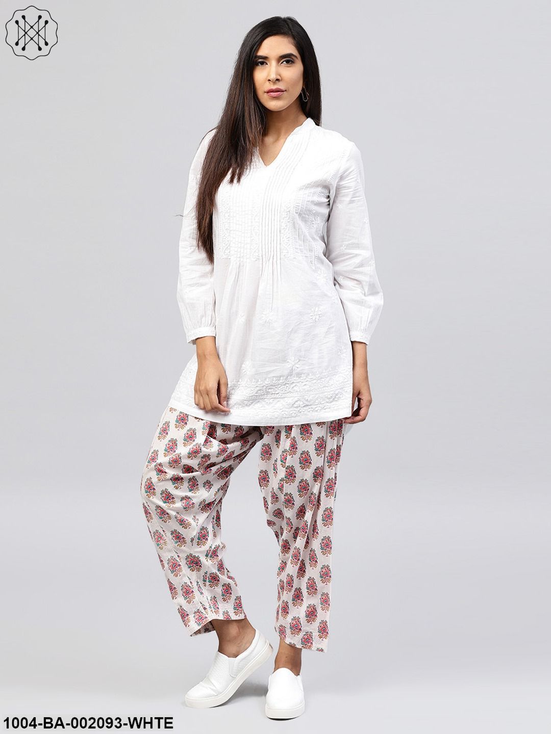 White Printed Ankle Length Cotton Salwar