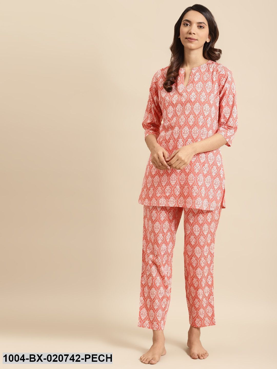 Peach-Coloured & White Pure Cotton Printed Night Suit