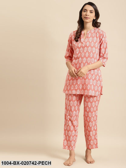 Peach-Coloured & White Pure Cotton Printed Night Suit