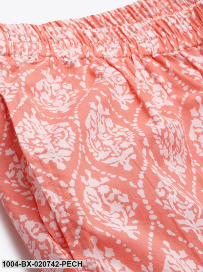 Peach-Coloured & White Pure Cotton Printed Night Suit