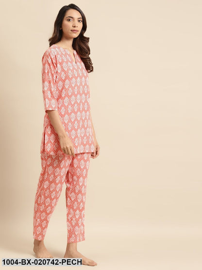 Peach-Coloured & White Pure Cotton Printed Night Suit