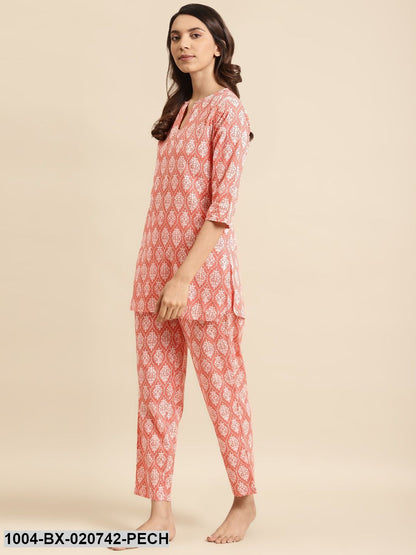 Peach-Coloured & White Pure Cotton Printed Night Suit