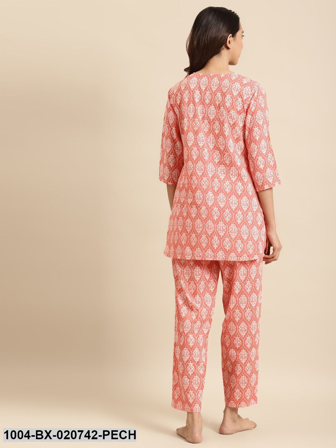 Peach-Coloured & White Pure Cotton Printed Night Suit