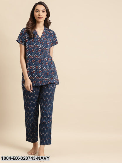 Navy Blue & Maroon Printed Night suit
