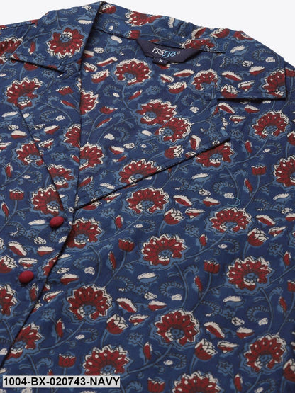 Navy Blue & Maroon Printed Night suit