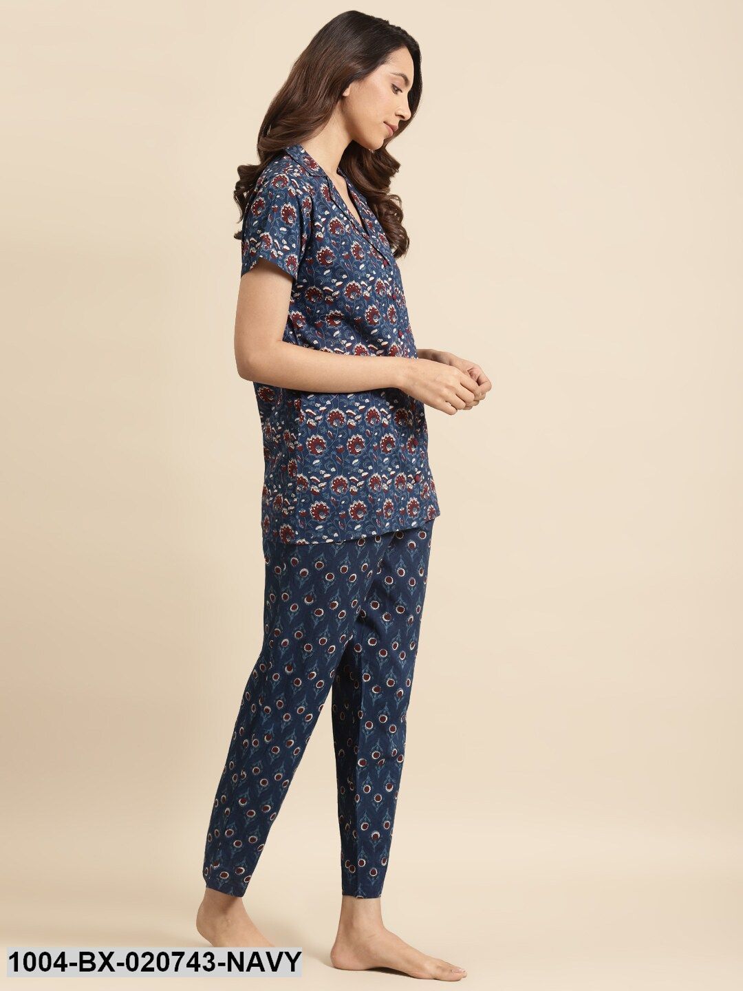 Navy Blue & Maroon Printed Night suit