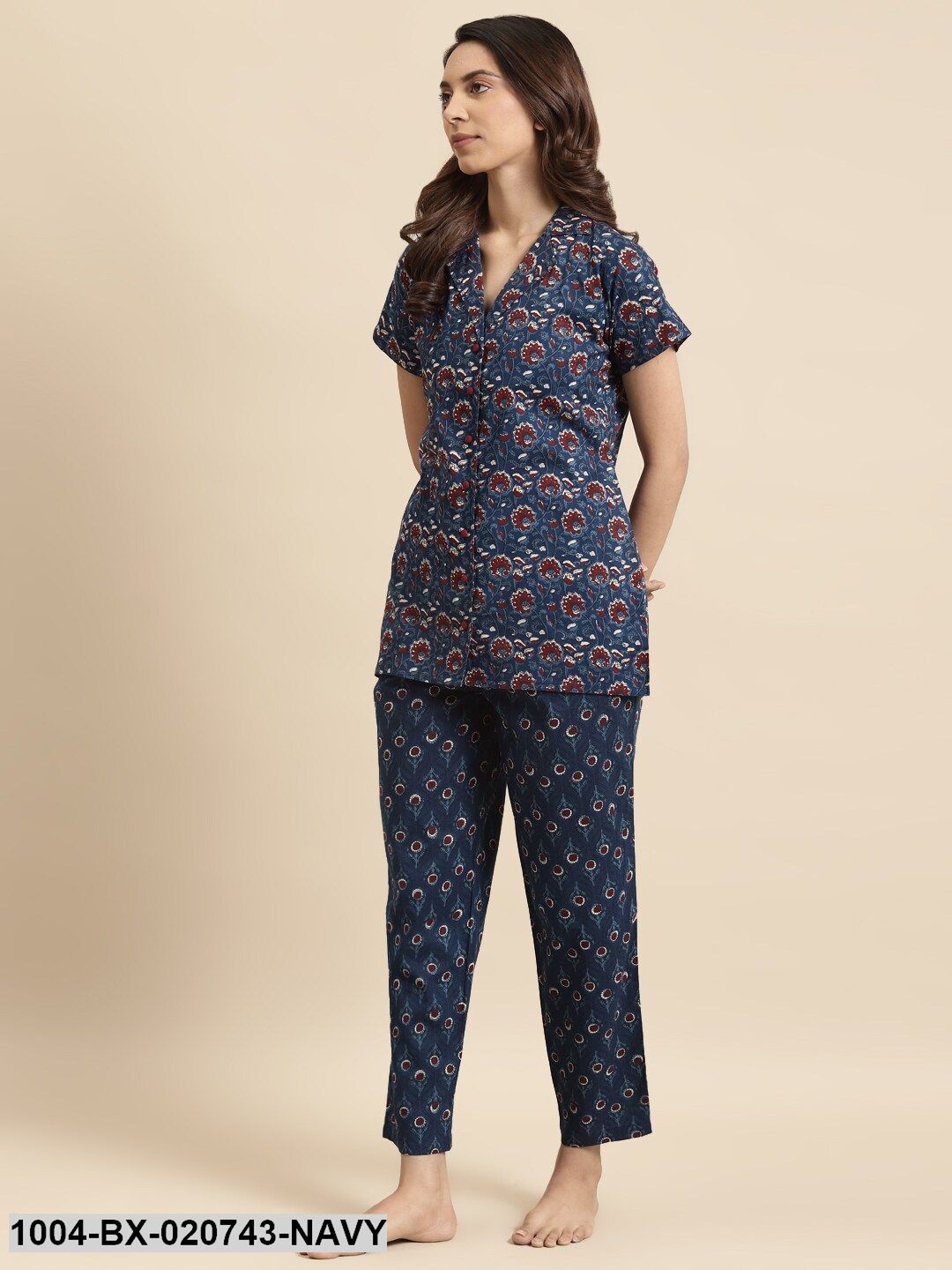 Navy Blue & Maroon Printed Night suit