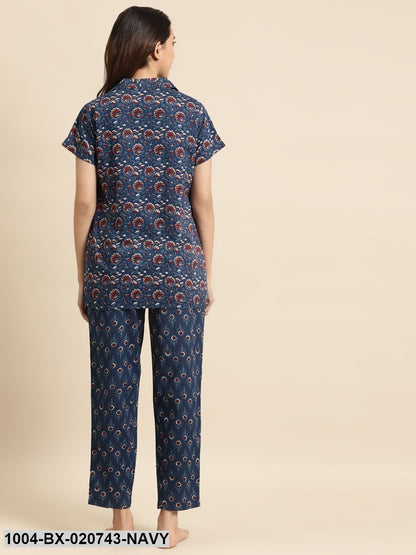 Navy Blue & Maroon Printed Night suit