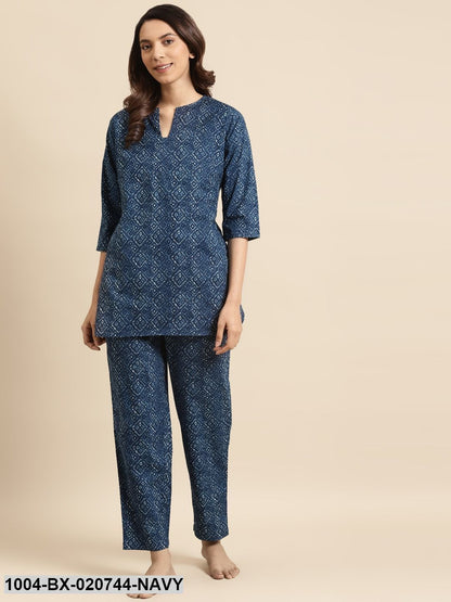 Navy Blue & Off-White Pure Cotton Printed Night Suit