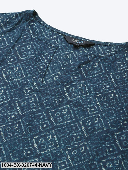 Navy Blue & Off-White Pure Cotton Printed Night Suit