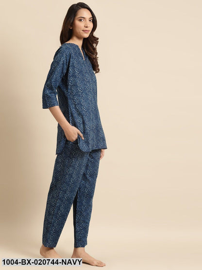 Navy Blue & Off-White Pure Cotton Printed Night Suit