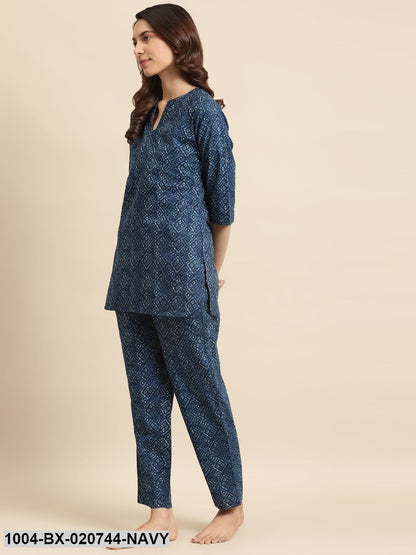 Navy Blue & Off-White Pure Cotton Printed Night Suit