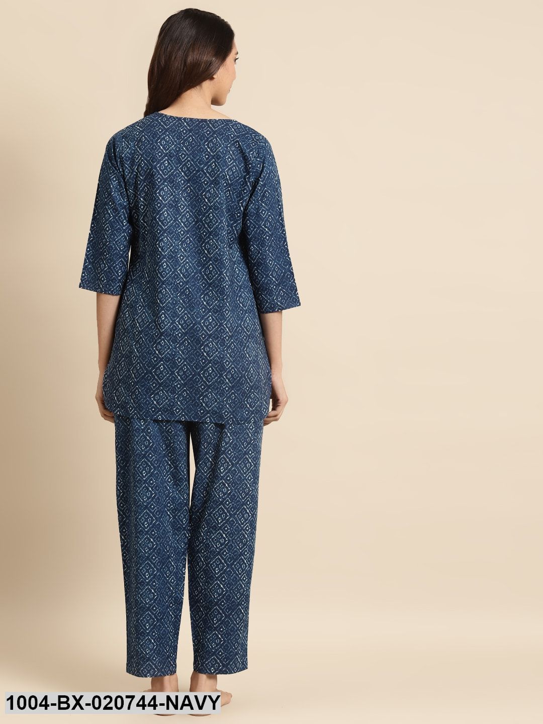Navy Blue & Off-White Pure Cotton Printed Night Suit
