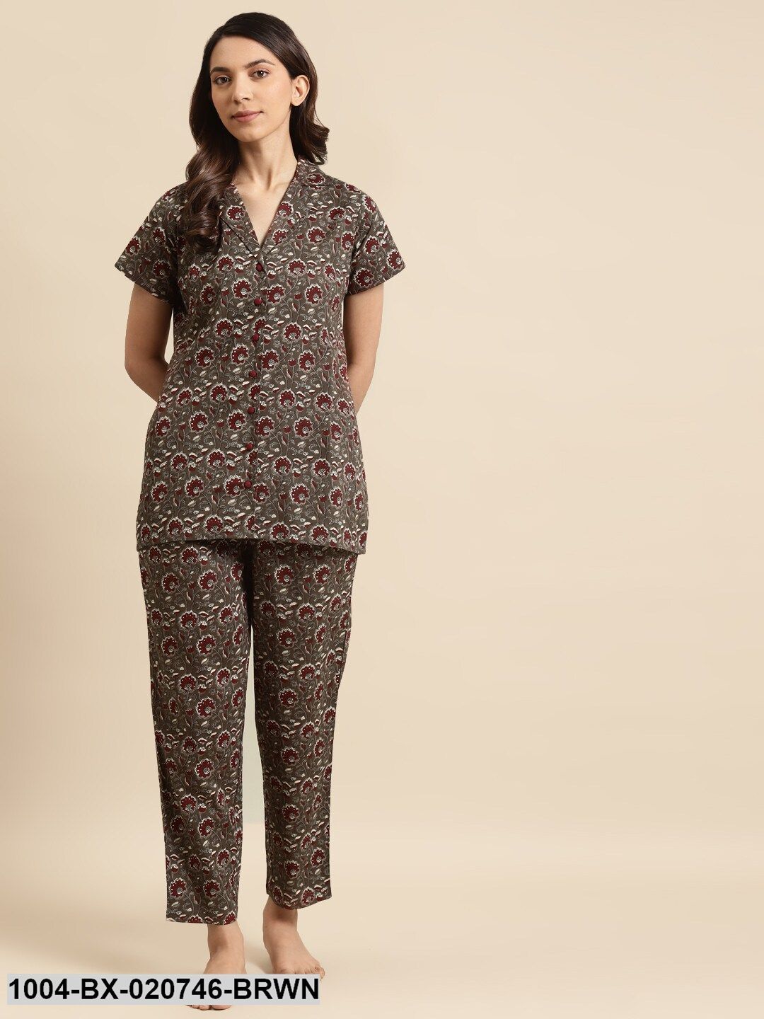 Brown & Maroon Pure Cotton Printed Night Suit