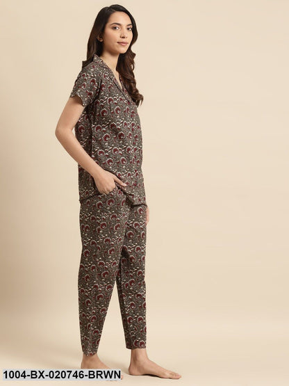 Brown & Maroon Pure Cotton Printed Night Suit