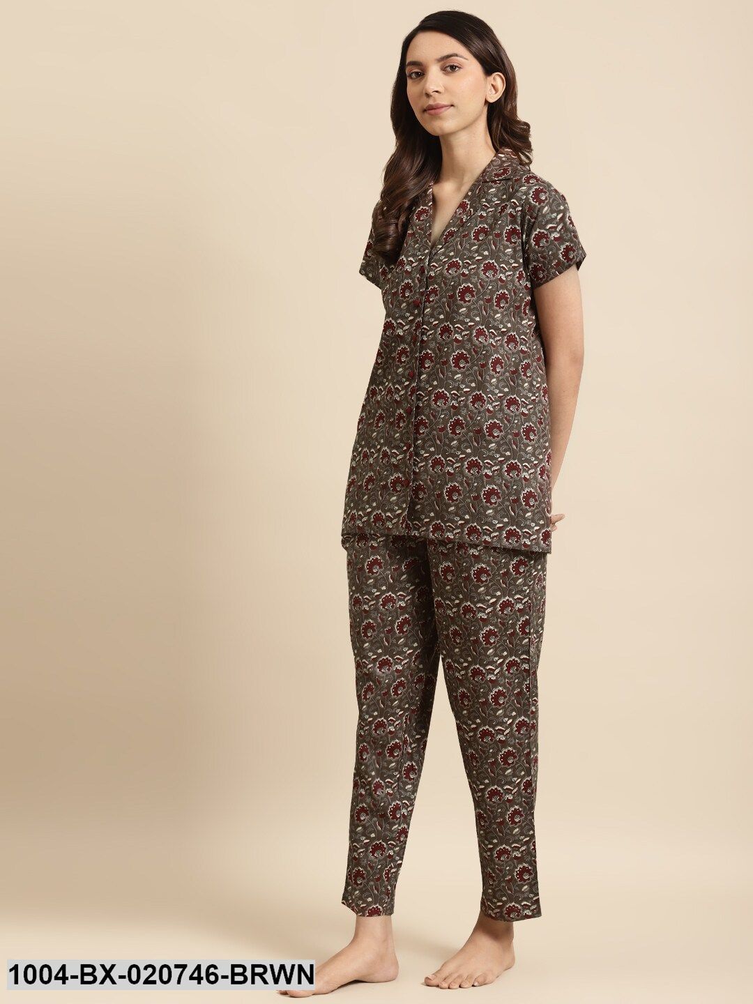 Brown & Maroon Pure Cotton Printed Night Suit