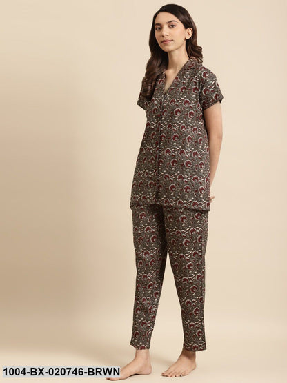 Brown & Maroon Pure Cotton Printed Night Suit