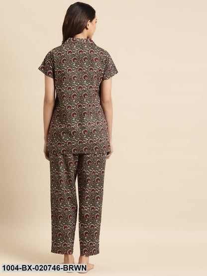 Brown & Maroon Pure Cotton Printed Night Suit