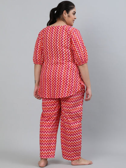 Plus Size Women Pink Printed Night Suit With Half Sleeves