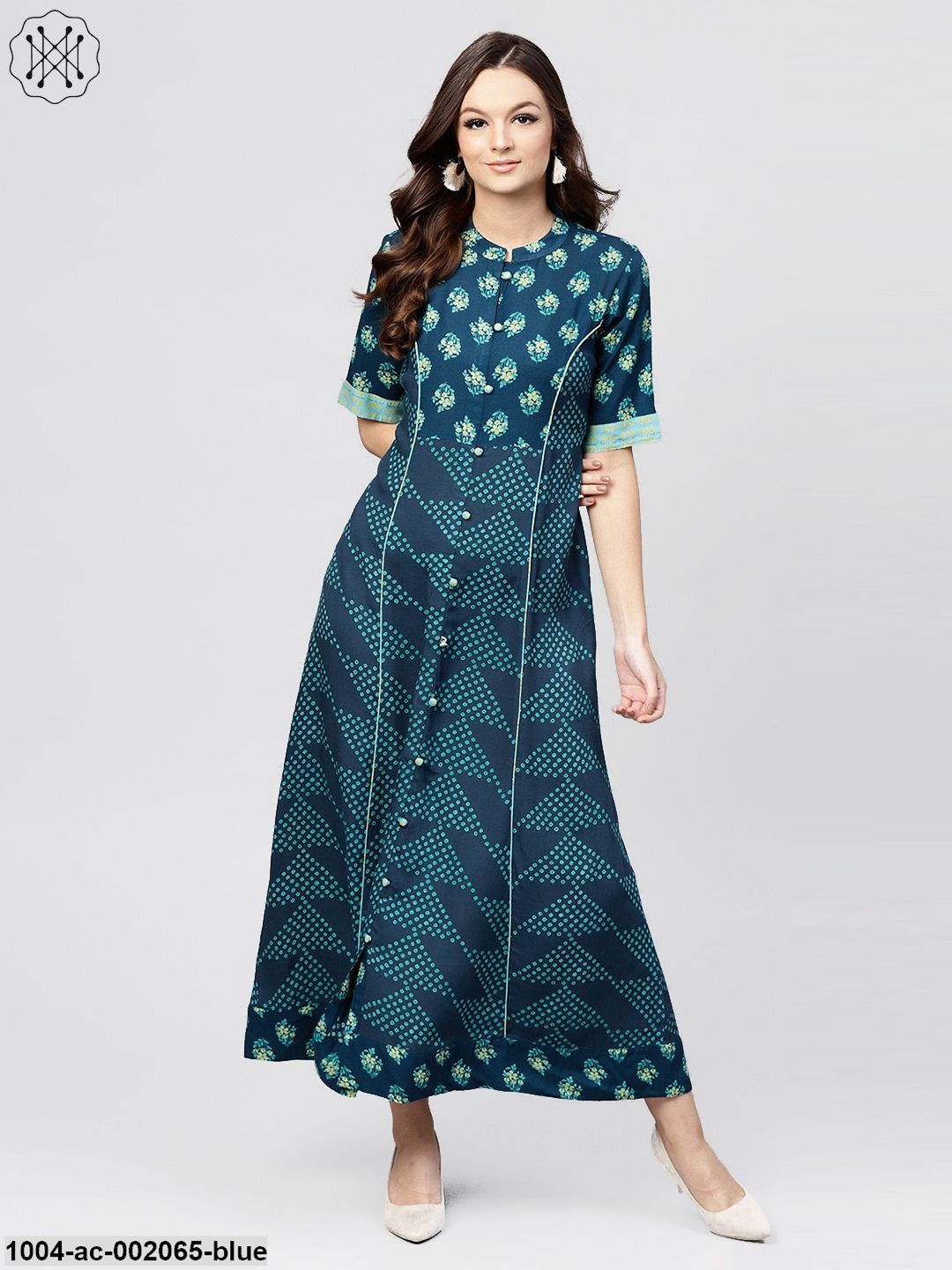 Blue Printed Panelled Cut A-Line Kurta With Printed Yoke And Front Placket