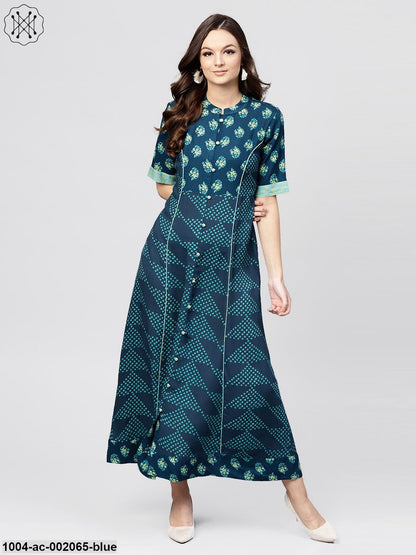 Blue Printed Panelled Cut A-Line Kurta With Printed Yoke And Front Placket