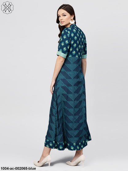 Blue Printed Panelled Cut A-Line Kurta With Printed Yoke And Front Placket