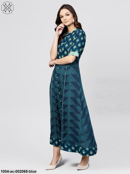 Blue Printed Panelled Cut A-Line Kurta With Printed Yoke And Front Placket