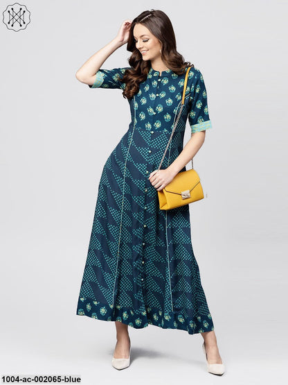 Blue Printed Panelled Cut A-Line Kurta With Printed Yoke And Front Placket