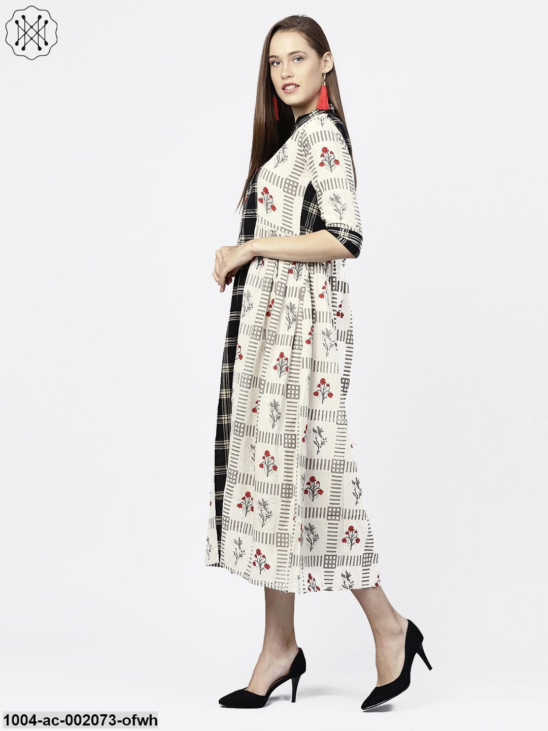 Off White Printed Half Sleeve A-Line Maxi Dress