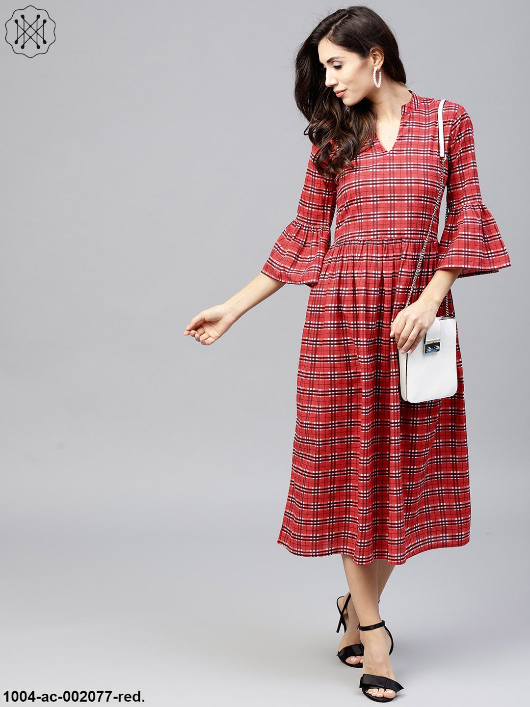 Red Checked Dress With Mandarin Collar And Flared Sleeves